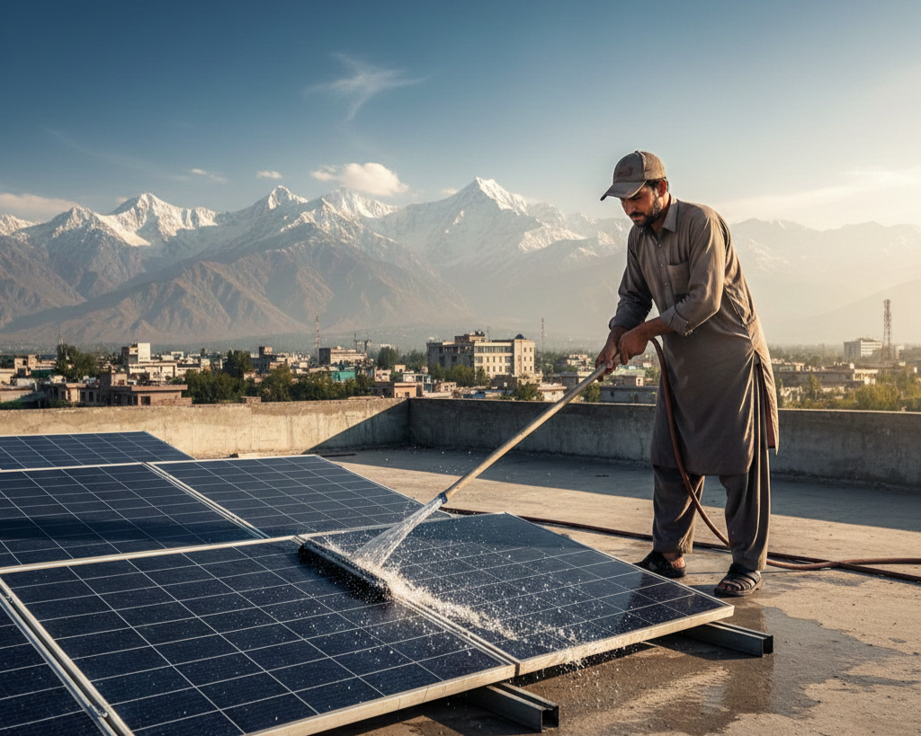 Man cleaning solar panels in Pakistan - Solar System Maintenance Checklist for Summer 2026